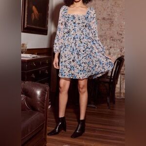 Lucy Paris Long Sleeve Floral Babydoll Dress - Blue and White